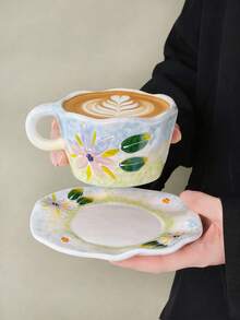 Bộ tách và đĩa sứ kiểu Ins Style họa tiết hoa tươi tắn, bộ tách và đĩa sứ vẽ hoa chuyển màu thủ công, tách cà phê sứ viền lượn sóng bất đối xứng, bộ tách và đĩa sứ trà chiều nữ tính. - Nhiều màu - Xem 10