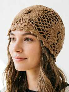 Women's Autumn/Winter Knitted Beanie Hat, Fashionable Versatile Face-Flattering, Hollow Crochet Warm Knitted Cap - Multicolor - View 6