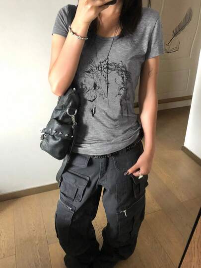 Y2K亚文化常规肩部短袖印花修身女式上衣，夏季