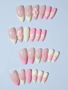 24片长款杏仁形3D凝胶假指甲，花卉图案法式美甲，中长款，镶嵌3D金属十字架装饰珍珠设计，完美贴合亚克力美甲套装，包含1瓶胶水和1个指甲锉，适合女性日常工作、节日、派对等场合。 - 彩色 - 查看 3