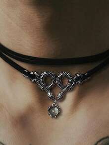 Bộ 2 dây chuyền kiểu Gothic hình rắn, vòng cổ và dây chuyền bằng kim loại mạ bạc, phù hợp cho nam giới đeo hàng ngày, dự tiệc, lễ hội âm nhạc. - Màu Bạc Cổ - Xem 2