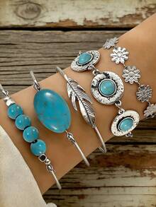 5pcs/Set Bohemian Style Turquoise Leaf Bracelet & Anklet, Butterfly Flower Turquoise Bracelet & Anklet, Can Be Worn On Hands And Feet - Multicolor - View 4