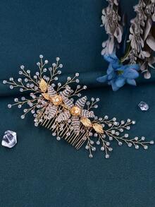 1pc Elegant & Luxurious Handmade Beaded Bridal Hair Comb, Women's Headpiece Suitable For Party, Wedding, Photography,Summer,Beach - Gold - View 8