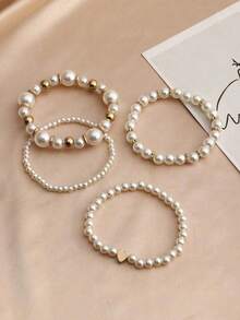 4 Pcs Girls' Pearl Beaded Heart Charm Bracelet Set Valentine's Day Jewelry - Multicolor - View 5