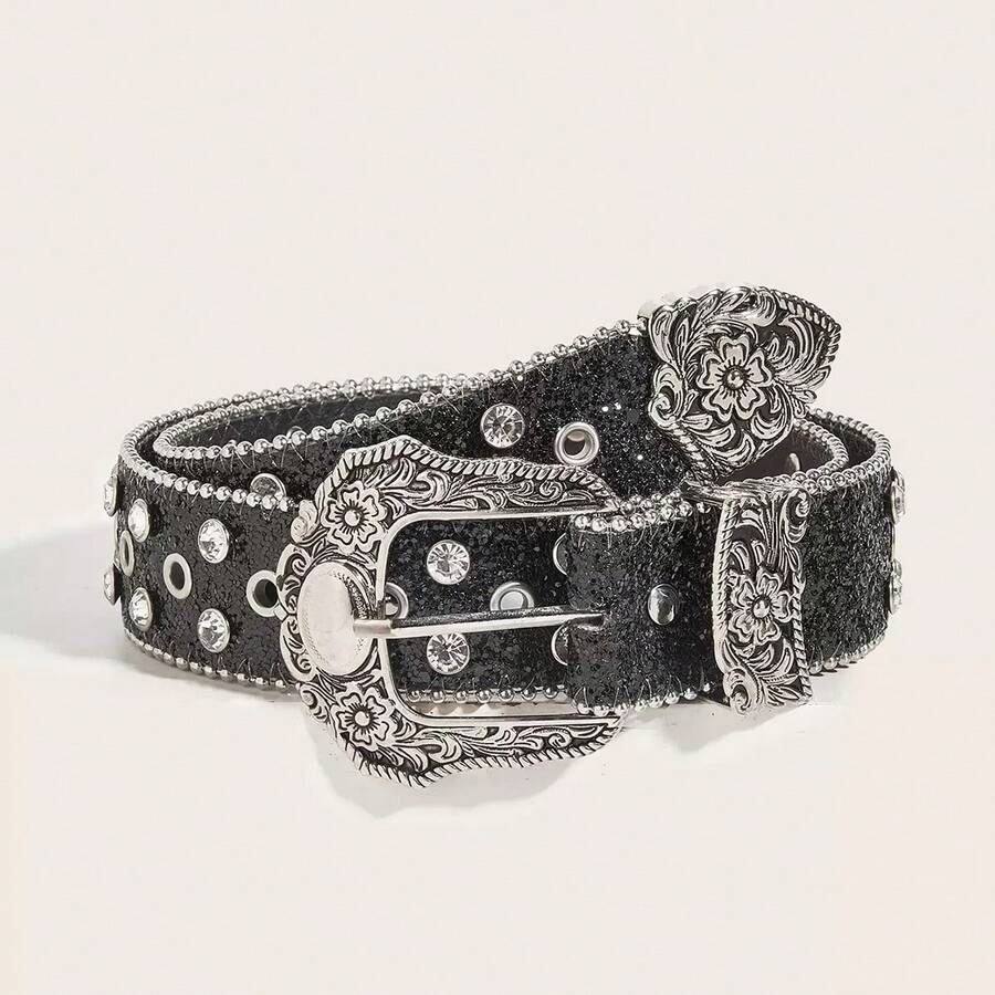 1pc Women's Western Cowgirl Style Rhinestone Embellished Y2K Waist Belt, Suitable For Daily Wear, Parties And Gatherings - Black - View 1