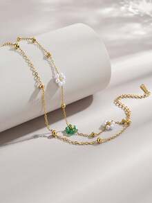 1 chiếc vòng chân đi biển hai lớp bằng thép không gỉ hình hoa ngọc trai dễ thương dành cho nữ, trang sức vàng, dây ngọc trai, thích hợp cho mùa hè, kỳ nghỉ, tiệc bãi biển, quà tặng. - Nhiều màu - Xem 2