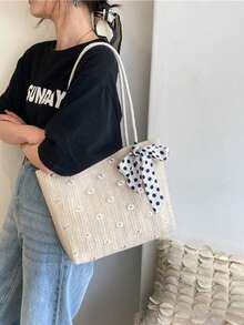 新款雏菊刺绣草编手提包，大容量单肩包，编织波点围巾，度假海滩风，通勤百搭 - 彩色 - 查看 15