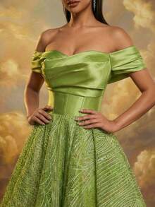 Smilprince Women's Long Party Dress, Sleeveless Off-Shoulder Ruched Design Flare Skirt - Olive Green - View 4