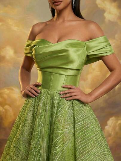 Smilprince Women's Long Party Dress, Sleeveless Off-Shoulder Ruched Design Flare Skirt