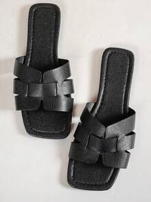 女士平底凉鞋，黑色方头休闲时尚沙滩鞋，百搭拖鞋 - 黑色 - 查看 5