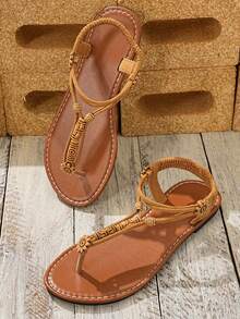 新款时尚女士绑带凉鞋，罗马风休闲一脚蹬凉鞋，黑色、米色、棕色可选，舒适平底沙滩凉鞋，博主推荐厚底凉鞋，夏季沙滩鞋，优雅搭扣低跟圆头凉鞋，防臭防滑简约户外拖鞋，百搭平底一脚蹬女士凉鞋 - 棕色 - 查看 3