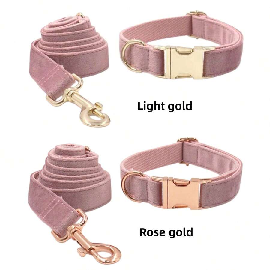 2pcs/Set, Soft Velvet Zinc Alloy Buckle Collar + Leash Set, Suitable For Large, Medium And Small Pets, Pet Outdoor Supplies, Outdoor Dog Leash, Soft & Comfortable, Durable Zinc Alloy Buckle, Plated Gold, More Sturdy Than Plastic, Metal Buckle Easy To Tighten And Quick Release, Holiday Birthday Gift (Due To Fabric Batch Difference, Slight Color Difference, Random Delivery) - Dusty Pink - View 1