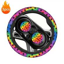 1pc Dog Paw Print Car Steering Wheel Cover + 2pcs Car Cup Holders, Waterproof Steering Wheel Cover Fits 14.5-15 Inch - Multicolor - View 2