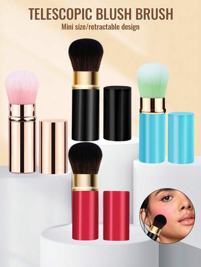 SEPROFE 可伸缩腮红刷，歌舞伎化妆刷，带盖，便携式旅行化妆工具，高品质金属手柄，超柔软刷毛，自然勾勒面部轮廓，适合日常或派对使用。
