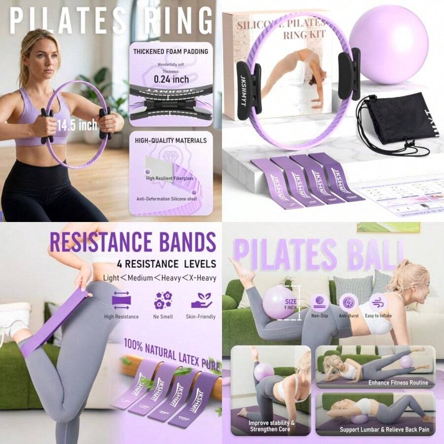 Pilates Ring Kit For Women Pilates Equipment 14.5" Home Magic Circle Workout With Pilates Ball Resistance Bands Better Me Pilates Essentials Starter Set For Beginners Toning Shape Full Body - 10個紫色 - 查看 1
