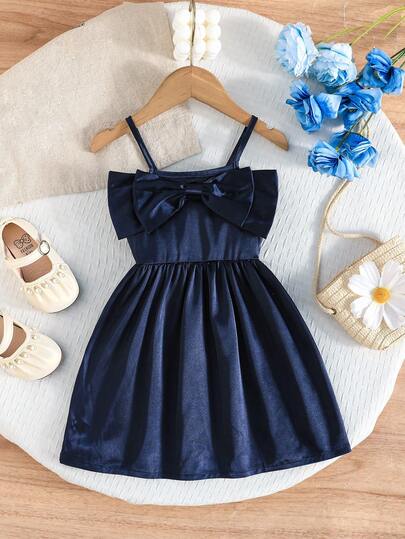 Summer Baby Girl Sling Dress With Large Bow Decor, High-End Satin Draping Texture, Minimalist Elegant Princess Silhouette, Suitable For Birthday Party, Daily Wear