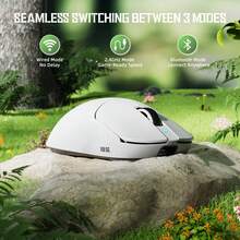 X8SE 游戏鼠标，支持三种连接模式：2.4G 蓝牙、USB-C 有线连接，搭载 BK52820 芯片和 PAW3311 传感器，超轻 59g，高精度、高灵敏度、低延迟，DPI 可调至 25000，按键寿命 8000 万次，40G 加速度，内置 500mAh 电池，适用于中大型手型的游戏玩家，符合人体工学设计，并通过技术认证，兼容 PC。 - 查看 5