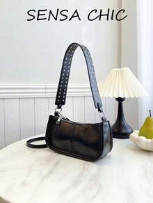 Nueva bolsa de hombro de piel de PU con estilo retro de moda, diseño de remaches incrustados, bolsa de hombro de unicolor minimalista, color burdeos, estilo callejero, cierre con cremallera, adecuada para compras, reuniones, viajes, combinación de atuendos, asistencia a eventos favoritos - Negro - Ver 1