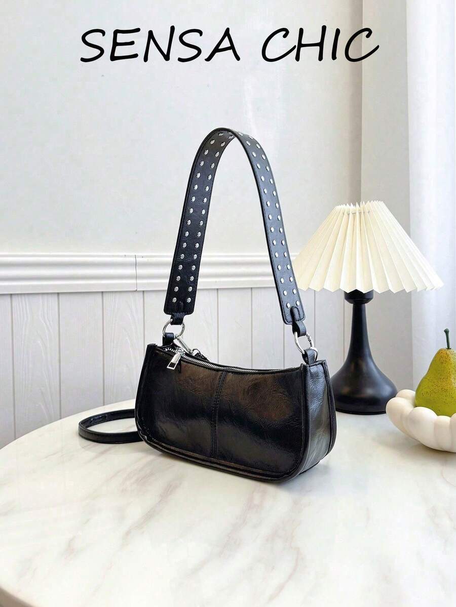 Nueva bolsa de hombro de piel de PU con estilo retro de moda, diseño de remaches incrustados, bolsa de hombro de unicolor minimalista, color burdeos, estilo callejero, cierre con cremallera, adecuada para compras, reuniones, viajes, combinación de atuendos, asistencia a eventos favoritos - Negro - Ver 1