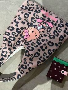 SANRIO 1pc New Leopard Cat Print Canvas Tote Bag, Large Capacity Women's Shoulder Handbag, Multifunctional Purse - Multicolor - View 5