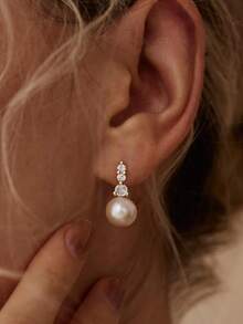 女士仿珍珠耳环，精致锆石耳钉，低过敏性，正式场合新娘仿珍珠耳坠，简约金色耳钉，婚礼仿珍珠首饰 - 金色 - 查看 2