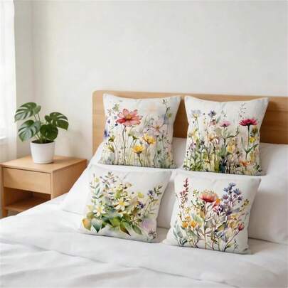 4 vỏ gối trang trí họa tiết hoa dại nhiều màu sắc, thích hợp cho ghế sofa, phòng ngủ, xe hơi, kích thước 45x45cm, một mặt.