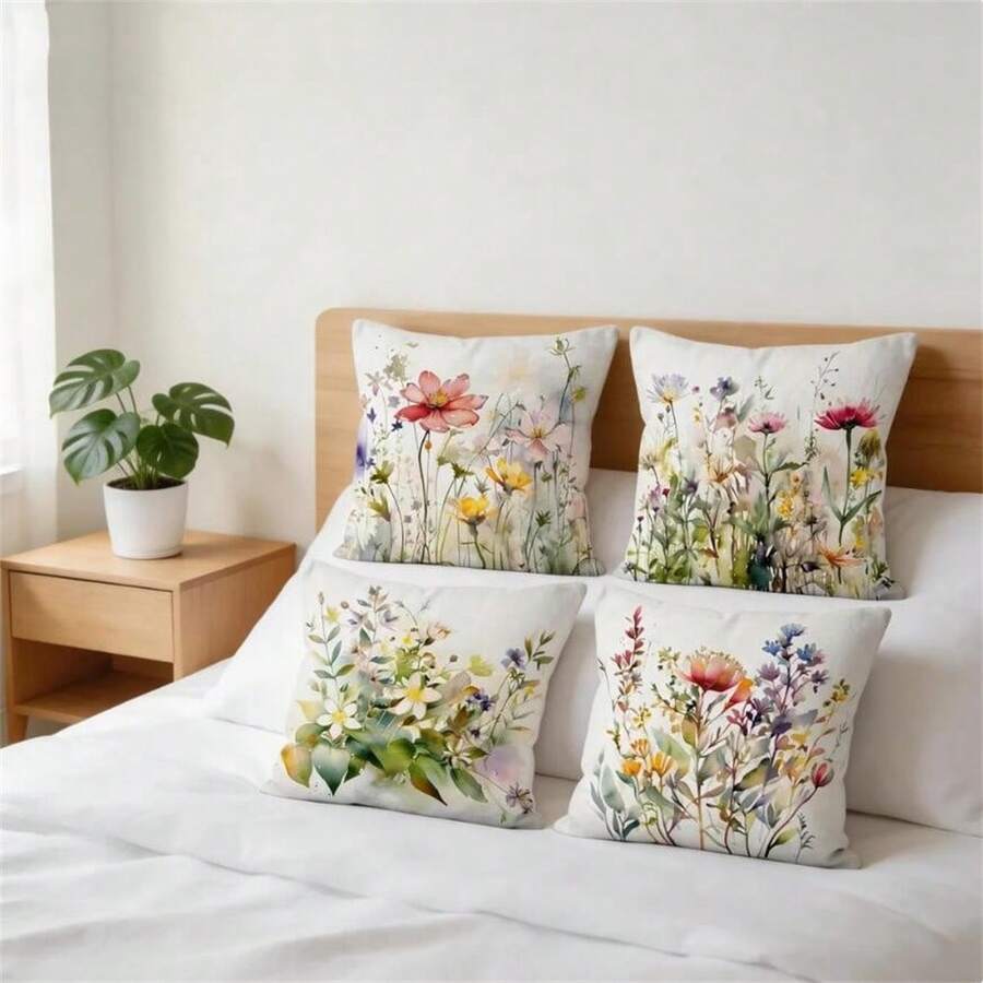 4pcs Colorful Wild Flower Watercolor Pattern Throw Pillow Covers, Suitable For Sofa, Bedroom, Car, 45x45cm Single-Sided - 4pcs - View 1
