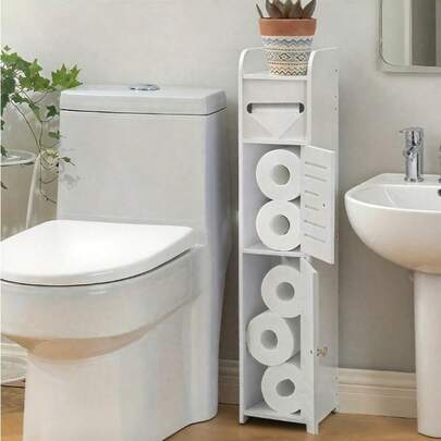 1pc PVC Double Door Bathroom Storage Cabinet, Sturdy & Durable Thickened Material, White Floor-Standing, Suitable For Hotel, School Restroom, Mall, Home Bathroom, Bedroom, Toilet Paper & Shampoo Storage, Space-Saving Corner Shelf