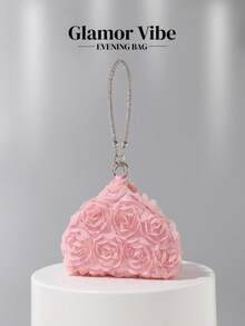 复古花卉手提包/手拿包，优雅粉色玫瑰花卉设计晚宴包，搭配钻石手链手提包，纯色水桶包，新娘手拿包，适合正式晚宴、舞会、派对、婚礼、聚会、礼品 - 粉色 - 查看 3