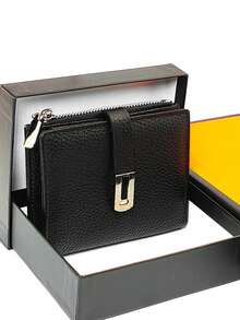 Women's Short Genuine Leather Wallet, Fashionable Snap Closure, Magnetic Open Design, Multi-Function Anti-Theft Bifold Card Holder, Zipper Coin Purse, Exquisite Gift Box Packaging, Great Gift - Black - View 10