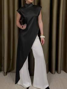 女士通勤时尚衬衫裙，不对称设计短袖立领修身缎面衬衫裙，纯色梭织面料不对称/不对称拉链复古办公室日常约会连衣裙，夏季黑色 - 黑色 - 查看 7