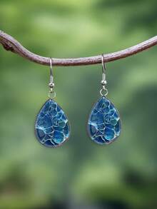 一对深蓝色纹理海水图案316不锈钢水滴耳环，复古简约风格，适合女性日常佩戴和送礼，优雅简约风格耳环，适合女性日常和节日佩戴。 - 藏蓝色 - 查看 7