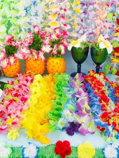 Hawaiian Leis Luau Party Silk Flower Necklace Colorful Tropical Hawaiian Hula Dance Party Decor Flower Leis Summer Beach Pool Party Decorations Favors Supplies