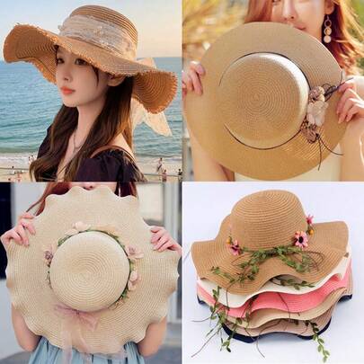 女士甜美大蝴蝶结遮阳帽，时尚优雅宽檐防晒帽，户外防紫外线