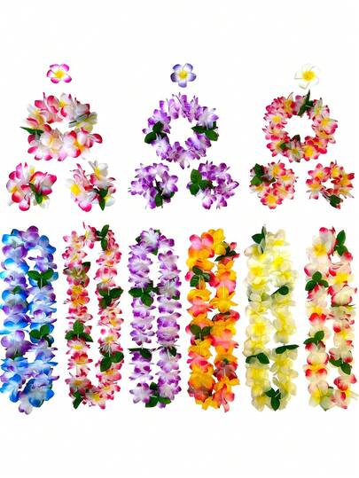 Set de 4 piezas de corona floral tropical hawaiana colorida, que incluye diadema, collar y pulsera, adecuado para decoración de fiesta de playa de verano, suministros perfectos para fiestas con tema hawaiano para cumpleaños, graduación, boda y talla grande, decoración esencial para fiestas, bares y resorts con tema tropical hawaiano