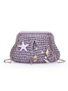 BAILEE 春夏新款一体式手拿包，手工编织草编，饰以海洋风装饰，多色草编夹扣，可拆卸金色链条肩带，女士单肩包、斜挎包、手拿包，适合海滩休闲度假、购物、派对、婚礼招待会、送礼，可搭配各种服饰 - 彩色 - 查看 5