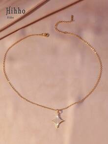 Hihho 1pc Sparkling Full Rhinestone Four-Pointed Star Pendant, Niche Elegant Clavicle Chain Accessory, Available In Gold And Silver Colors - Four-pointed Star - View 4