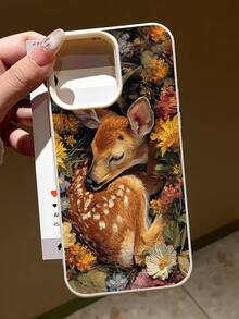 1 Oil Painting Style Sleeping Deer Flower Design Pattern Phone Case Suitable For IPhone 17 Pro Max/17 Pro/16 Pro Max/16 Pro/16/15 Pro Max/15 Pro/15/14 Pro Max/14/13 Pro Max/13 Pro/13/12 Pro Max/12 Pro/12/11 Series - Beige - View 1