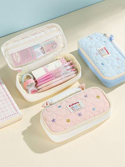 1Pc Star Pattern Heart Quilted Handheld Pen Bag Large Capacity Partition Storage Cute Stationery Bag, Ins Style Large Capacity Student Pencil Box, School Essential Storage Supplies, Multi-Functional Storage Bag, Desktop Storage Bag, Makeup Brush Storage Bag, Portable Makeup Bag, Suitable For Storage Pen, Eraser,Rulers, Brush, Cosmetics And Other Learning Supplies,Gift For Classmate And Teachers,New Year Gift,Birthday Gift