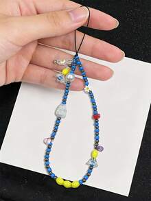 可爱多元素串珠1件装可爱花朵珍珠挂绳吊坠塑料腕带钥匙扣手机壳挂绳CCD相机珠子吊坠女士饰品1件装春季生日礼物 - 藍色 - 查看 4