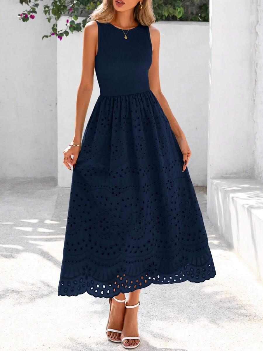 Women Casual Sleeveless Crewneck Lace Eyelet A-Line Flowy Tank Maxi Dress With Pockets Boho Bohemian Summer Spring Holiday Vacation Beach Outfits - 藏蓝色 - 查看 1