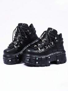 Women's Platform Biker Boots Lace Up Motorcycle Ankle Boots Black Metal Combat Y2K Goth Punk Booties Fashion Shoes Outdoor Footwear Rock Boots - 黑色 - 查看 5