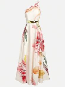 Ladies' One Shoulder White Floral Print Medium Length Dress With Belt | Elegant Beach Wedding Attire, Sleeveless, Asymmetrical Collar, Perfect For Spring And Autumn Seasons - Màu be - Xem 2
