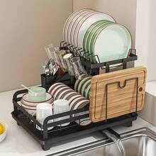 No-Installation Draining Dish Rack, Foldable All-In-One Dish Rack, Thickened Carbon Steel Dish Rack, Multi-Functional Household Storage Rack With 360° Water-Guiding Drainage Tray, Knife Holder - 查看 2
