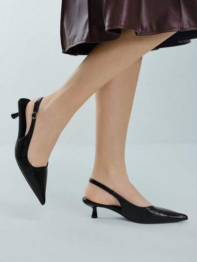 Women's Black High Heel Pumps, 4cm Kitten Heel Peep Toe Shoes, Party Formal Slip-On Stilettos, Pointed Toe High Heels