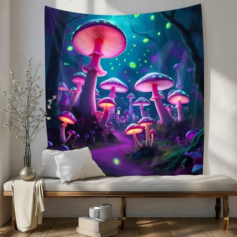Bioluminescent Mushroom Forest Tapestry:  Neon Art - Multicolor - View 1