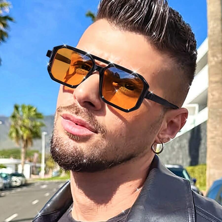1 Pair Men's Black Square Flat-Top Glasses, PC Frame Retro Wide Leg Anti-UV Rivet Personalized Street Style Fashion - Black - View 1