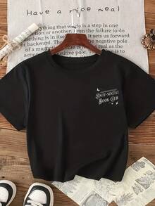 Plus Size Graphic Print T-Shirt, Short Sleeve Crew Neck Casual Top For Summer & Spring, Women's Plus Size Clothing-Vintage Street Style Unisex Loose Cotton Short Sleeve Crew Neck T-Shirt - 黑色 - 查看 3