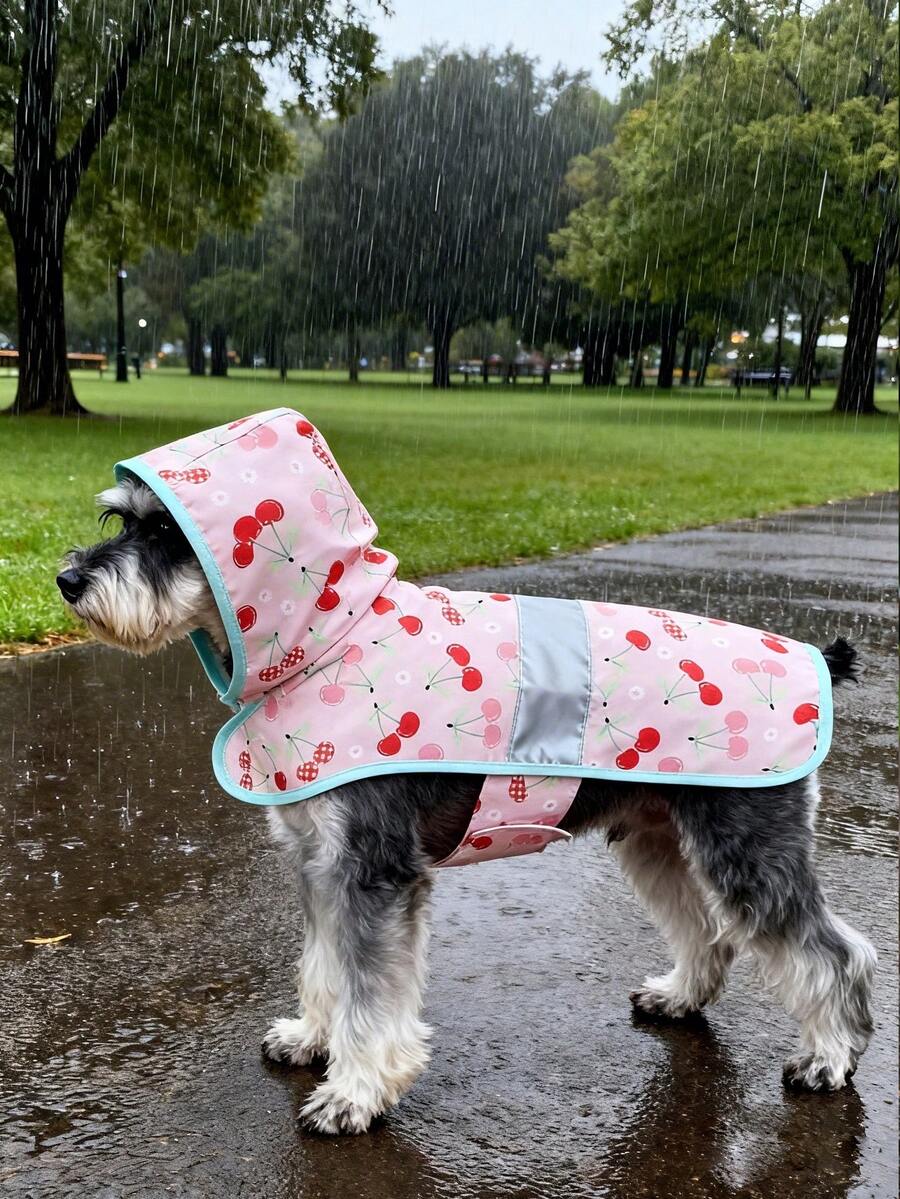 1 pieza Impermeable con capucha con estampado de frutas para perros/gatos, con tiras reflectantes, adecuado para mascotas medianas/pequeñas - Rosa - Ver 1