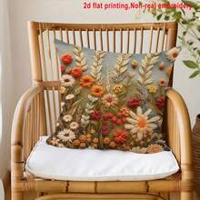 1pc Vintage Embroidered Floral Pattern Home Decor Throw Pillow Cover, 2D Flat Print Forest Style Wild Flower Cushion Cover, Bedroom Home Decor Pillow Sham, Polyester Square Single-Sided Print Pillow Case, Machine Washable, Zipper Closure, Pillow Insert Not Included, 45*45cm - Multicolor - View 7
